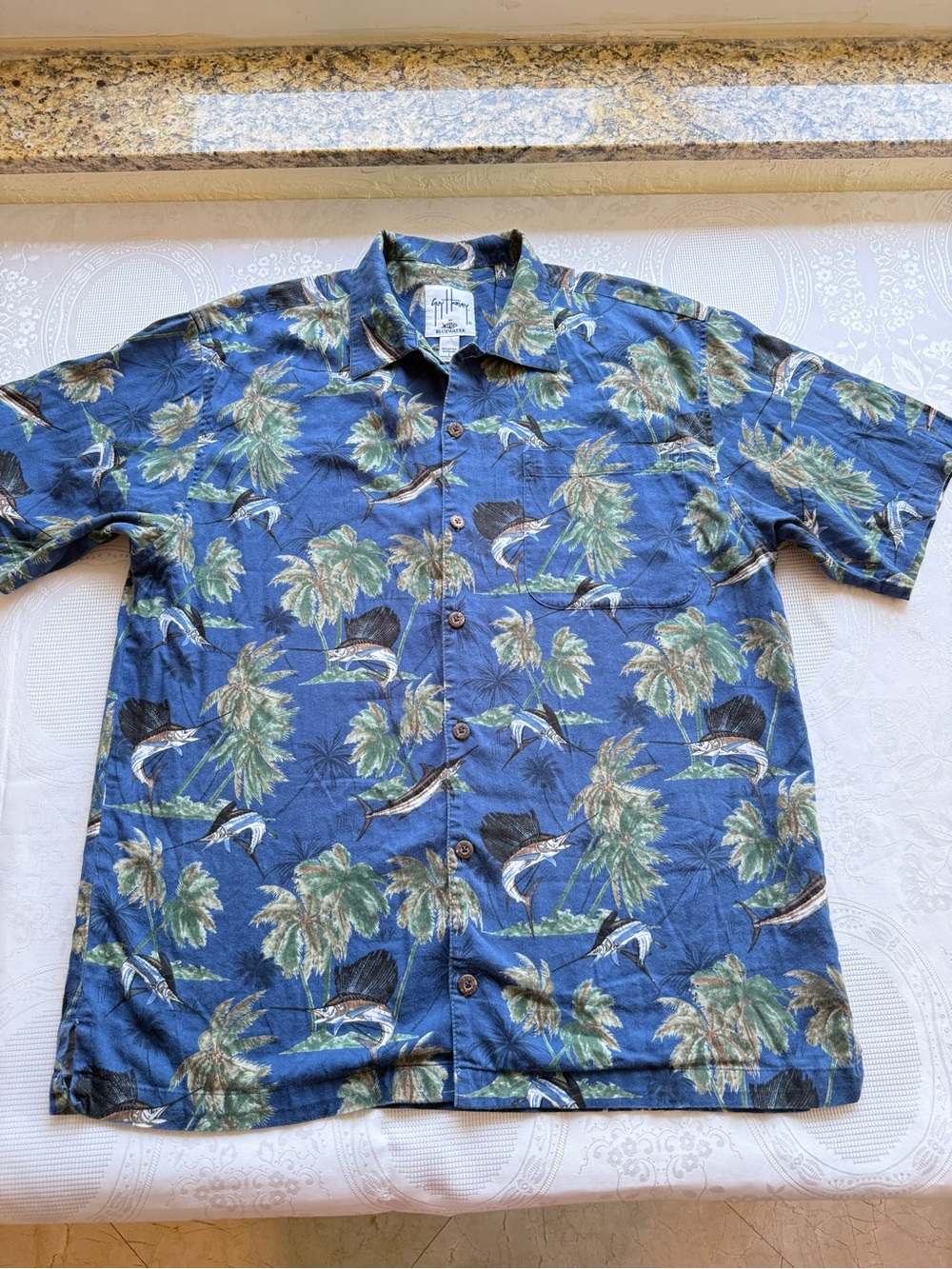 Guy Harvey Vintage Blue Nautical Short-Sleeve Button-Up Shirt Men’s Size L